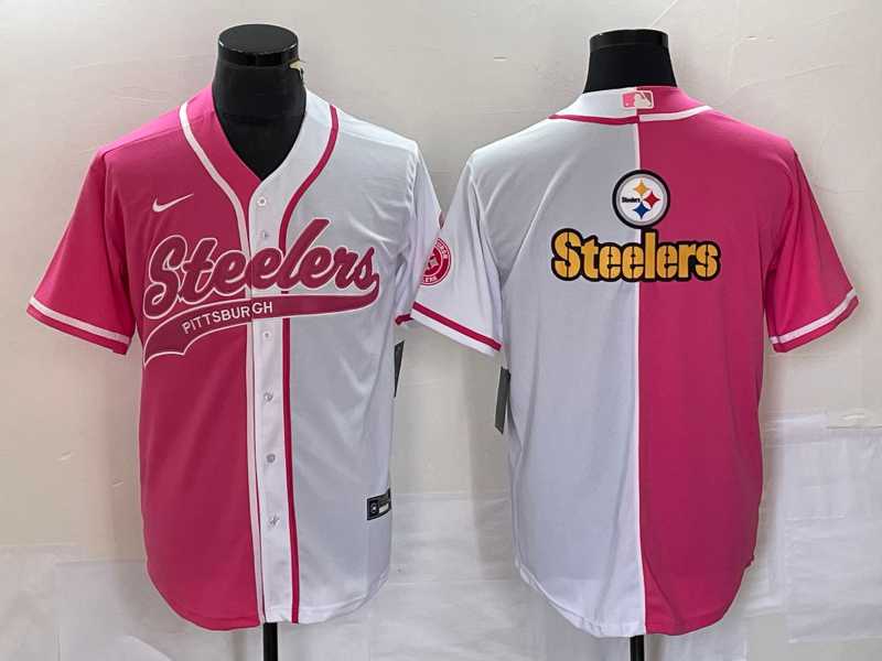Men%27s Pittsburgh Steelers Big Logo Pink White Two Tone With Patch Cool Base Stitched Baseball Jersey